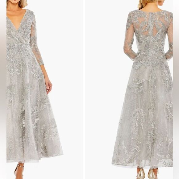 MAC DUGGAL 20336 Embellished Wrap A-line Over 3/4 Sleeve NWT Platinum 10 $698 - Picture 5 of 11